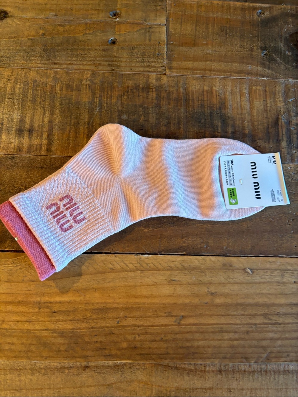 Miu Miu Pale Pink Ankle Socks with Coral Cuff and Logo